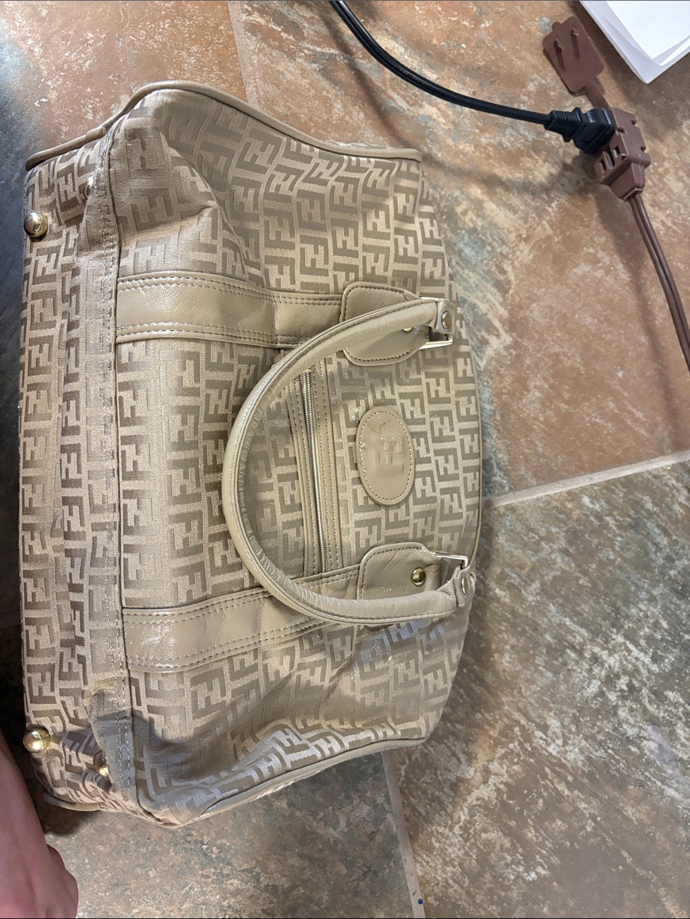 Fendi Beige FF Monogram Satchel with Leather Trim